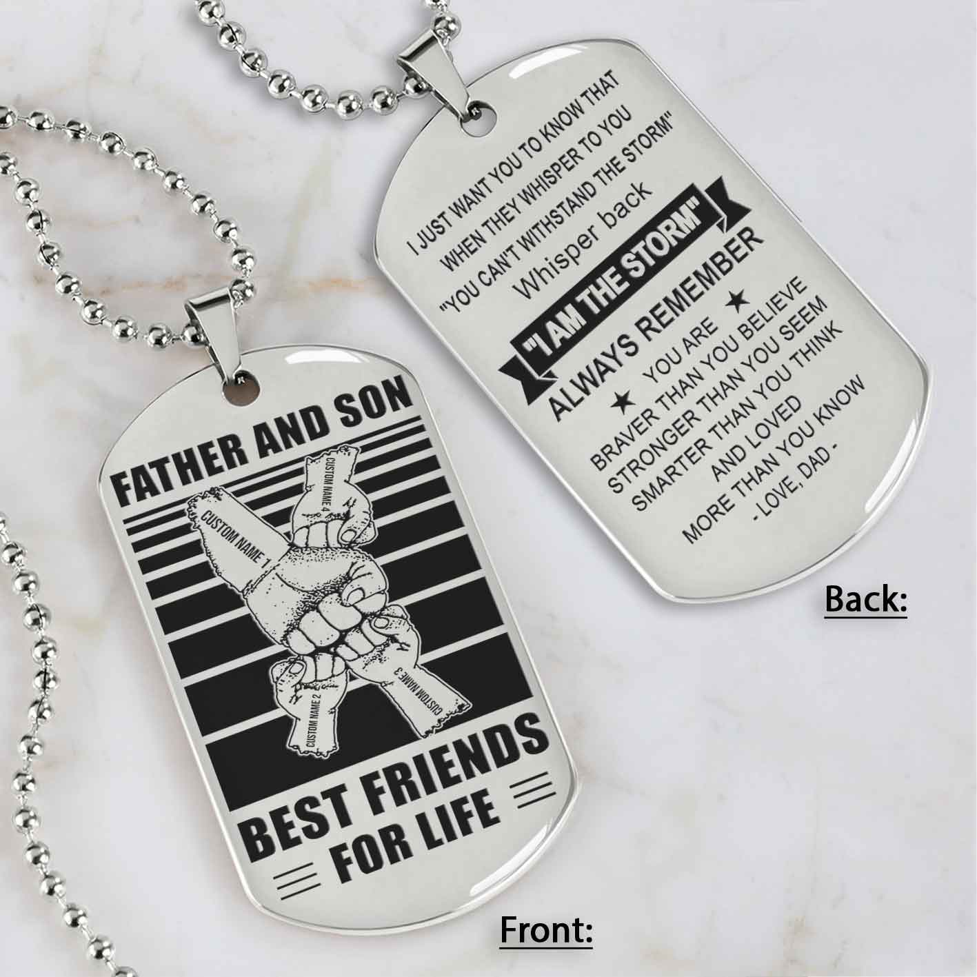 Family Fist Bump Team 4 Personalized Double Sided Dog Tag Father And Son Best Friends For Life - Message on the back side