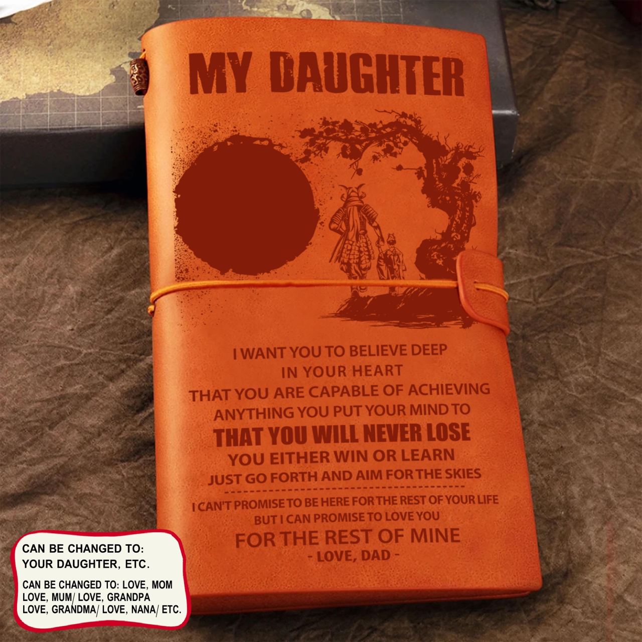 samurai leather journal notebook gifts from dad mom to daughter, be strong be brave be humble, it is not about better than someone else, it is about being better than you were the day before