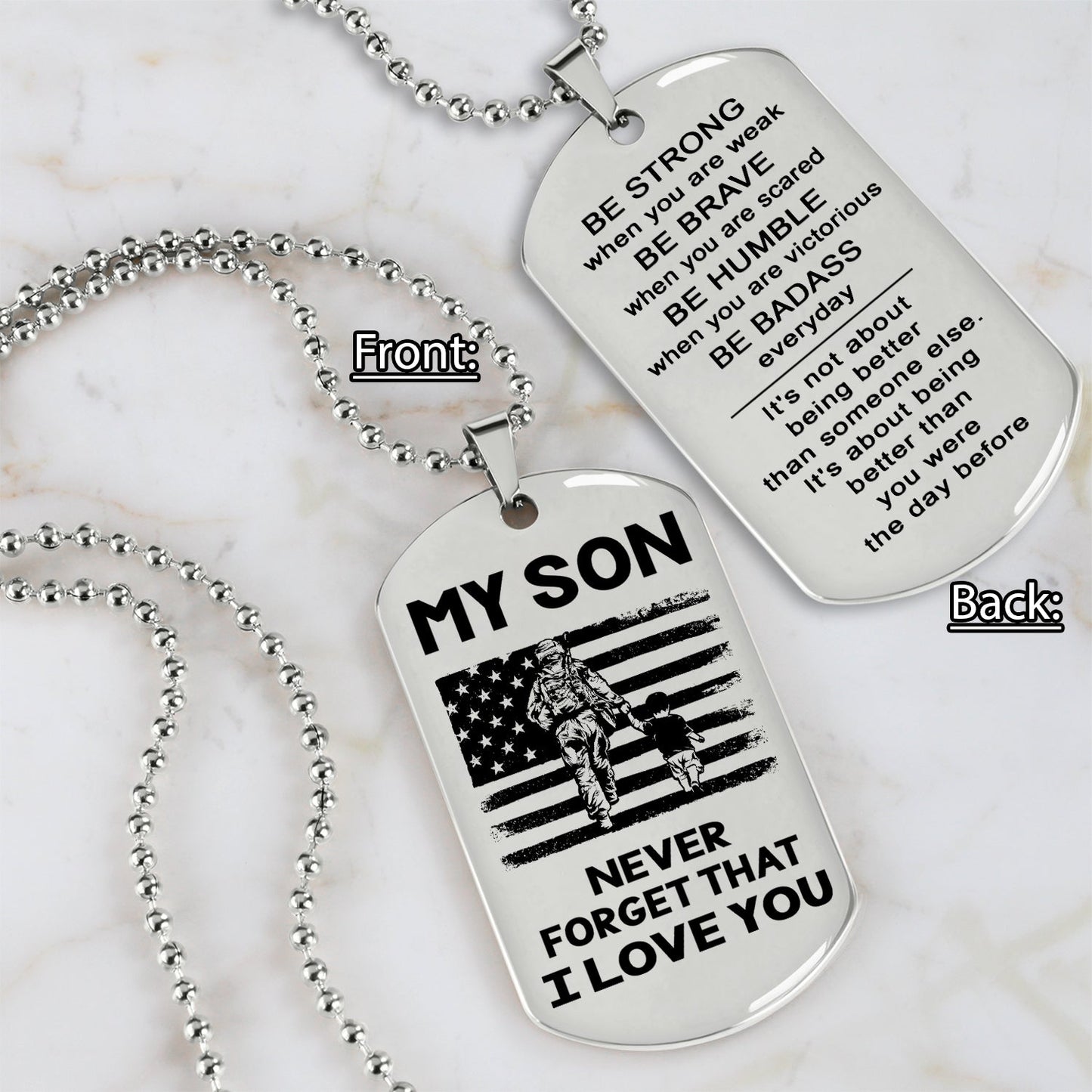 soldier customizable double sided dog tag, gifts from dad mom to son- be strong be brave be humble, it is not about better than someone else, it is about being better than you were the day before