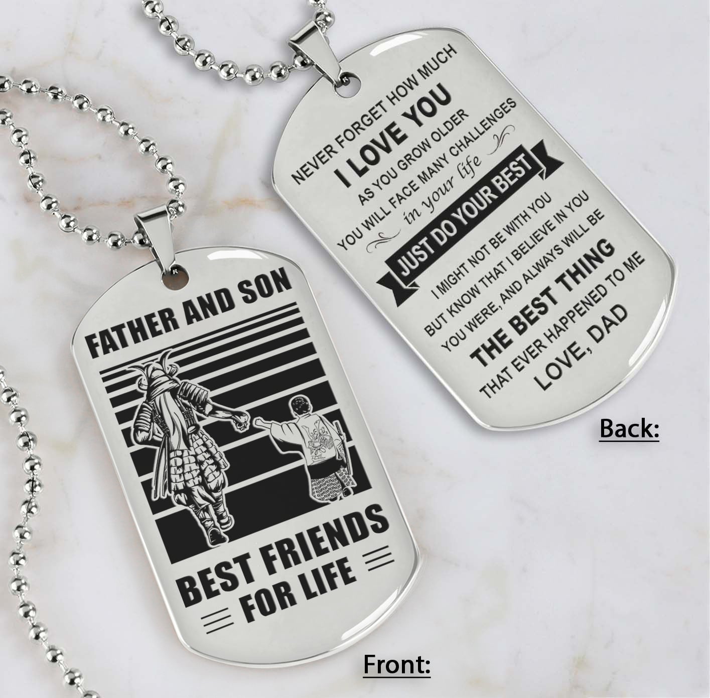 soldier silver version just do your best - personalized double sided dog tag father and son best friends for life - message on the back side
