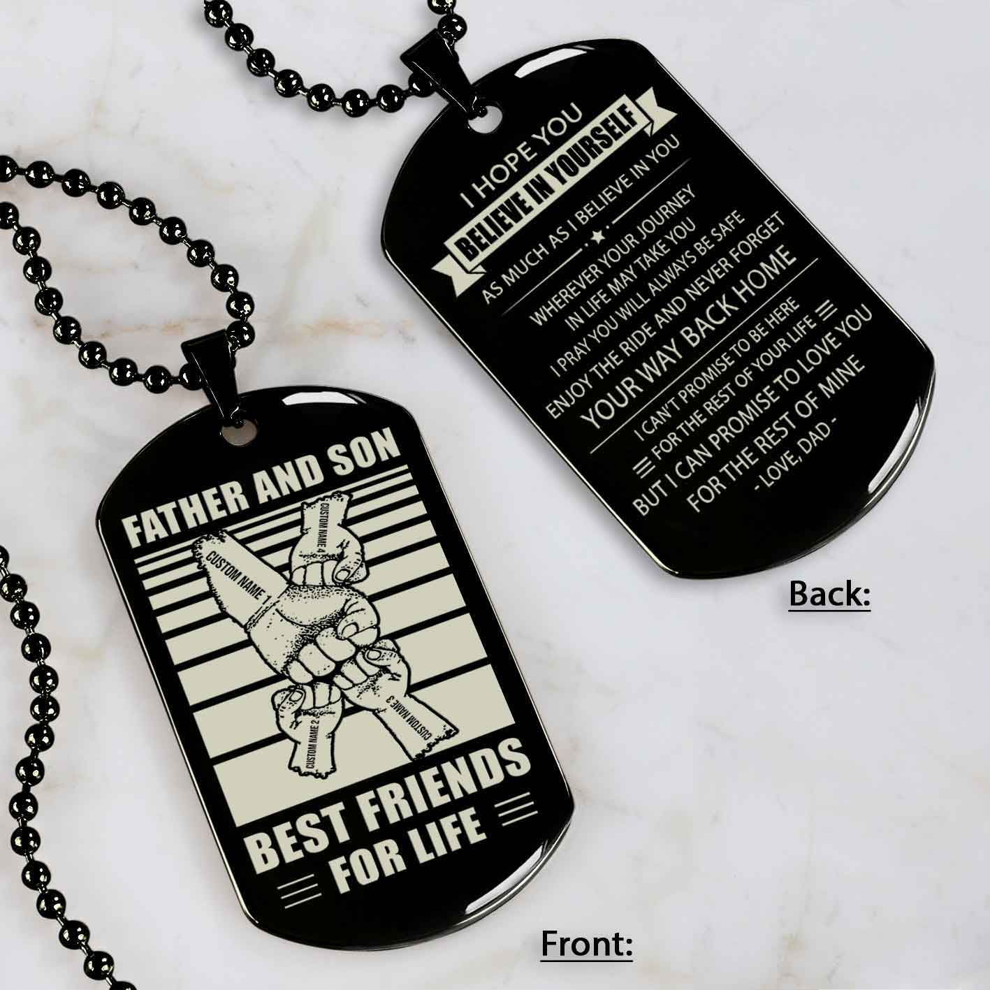 Family Fist Bump Team 4 Personalized Double Sided Dog Tag Father And Son Best Friends For Life - Message on the back side
