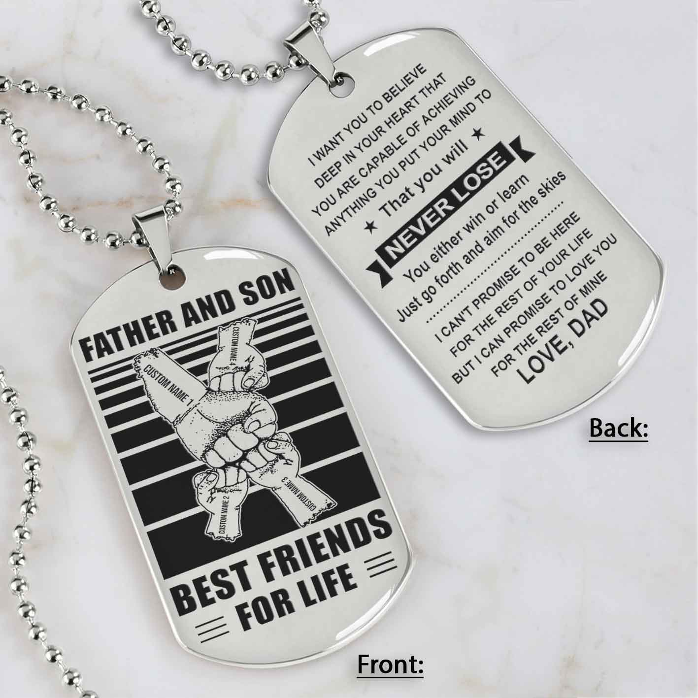 Family Fist Bump Team 4 Personalized Double Sided Dog Tag Father And Son Best Friends For Life - Message on the back side