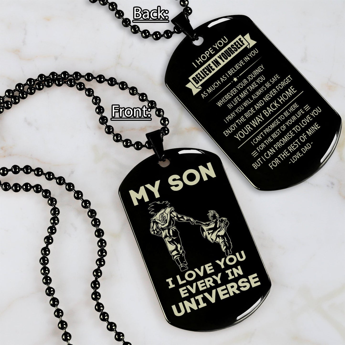 to my son double sided dog tag gift from dad to son , i love you in every universe way back home