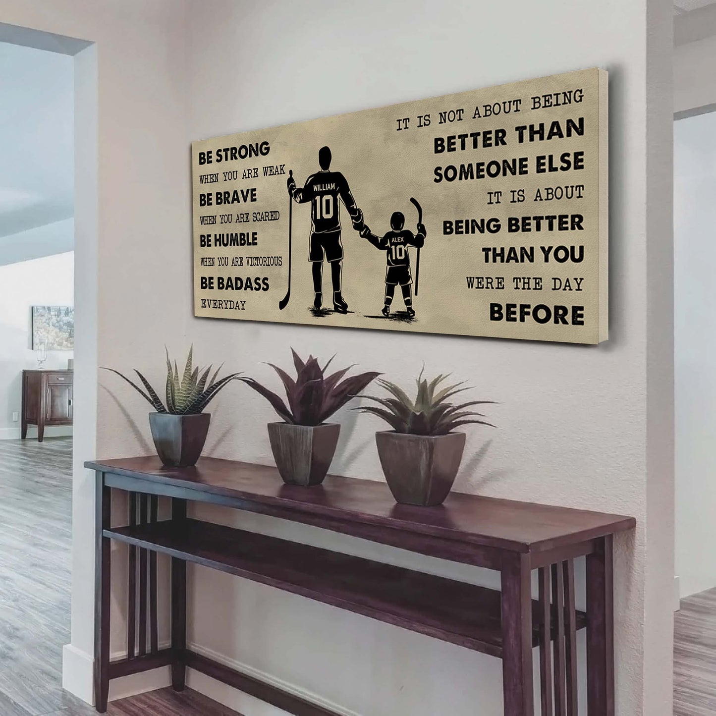 hockey poster canvas from dad to son be strong when you are weak - it is not about being better than someone else