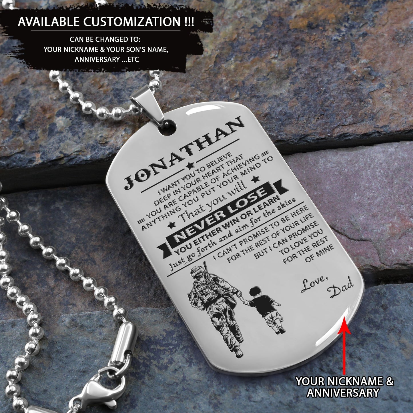 customizable engraved black dog tag dad to son never lose