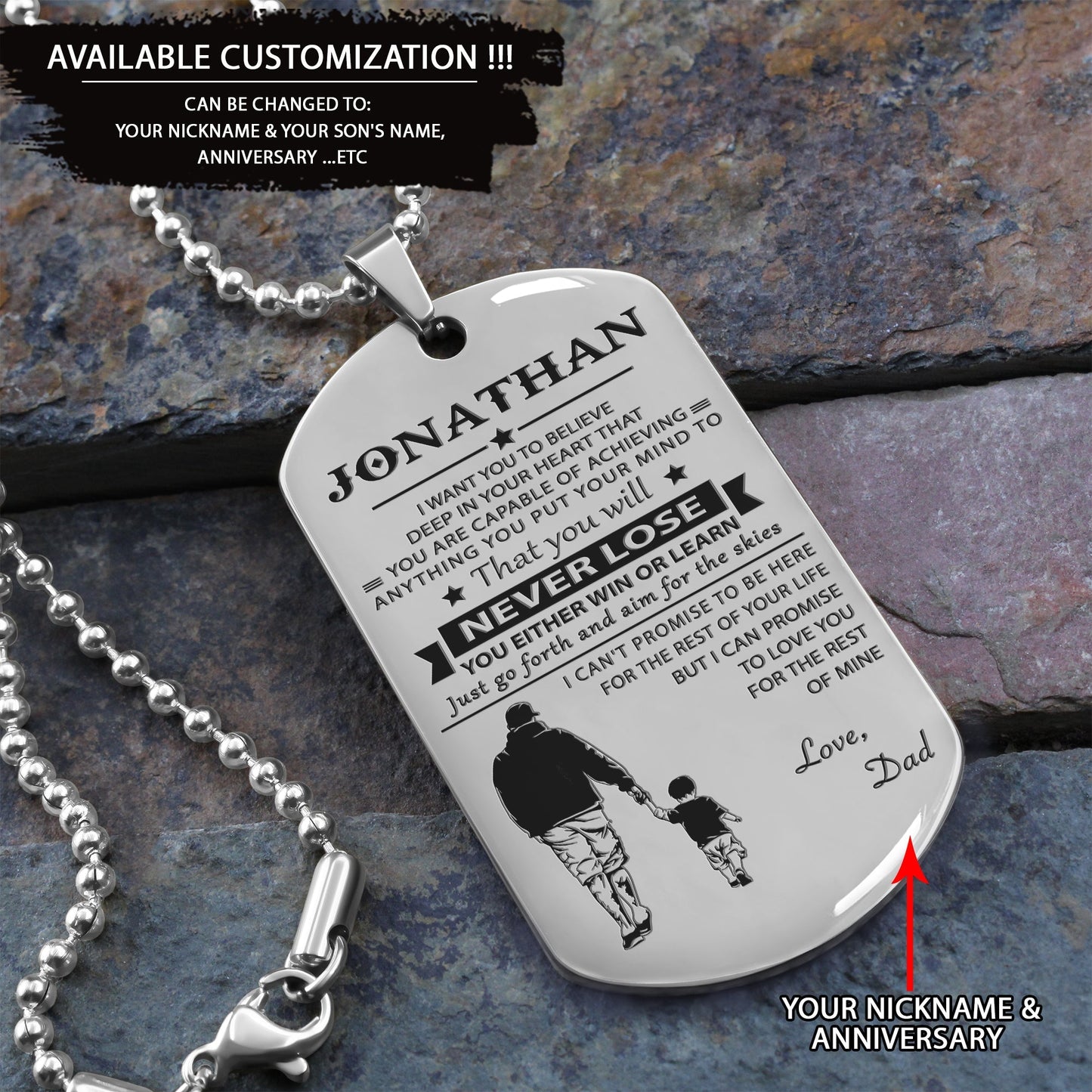 customizable engraved black dog tag dad to son never lose