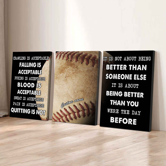 No Quitting – Baseball Athlete Mindset | 3-Piece Motivational Canvas Wall Art
