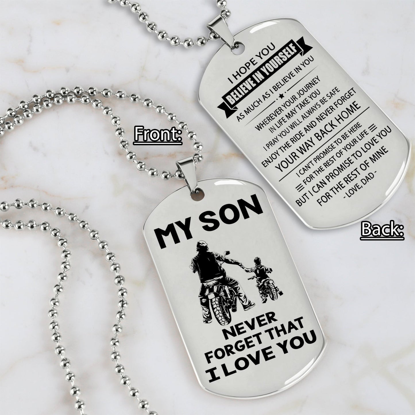 biker engraved double sided dog tag dad to son the way back home