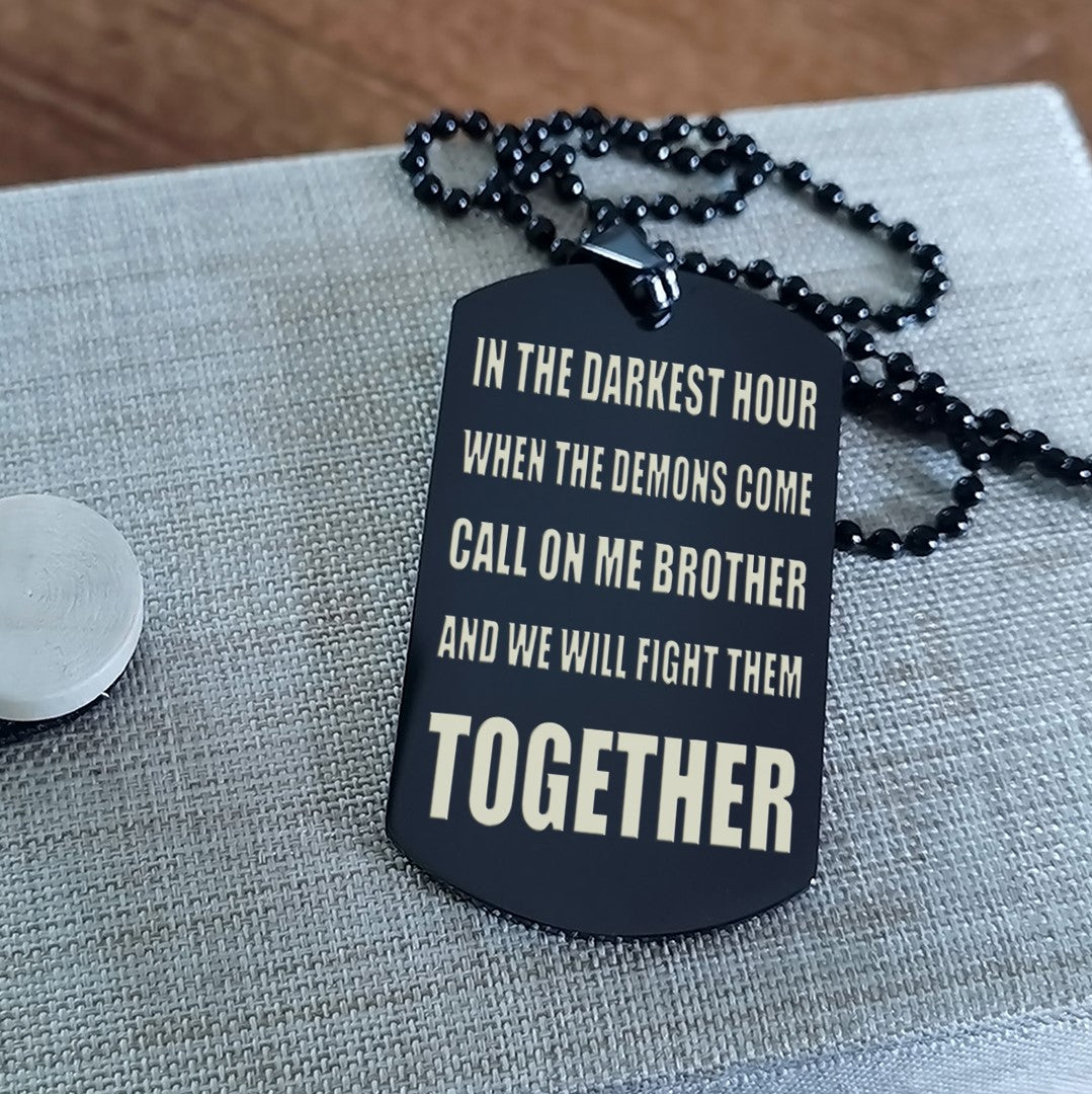 spartan call on me brother engraved white dog tag double sided. gift for brothers