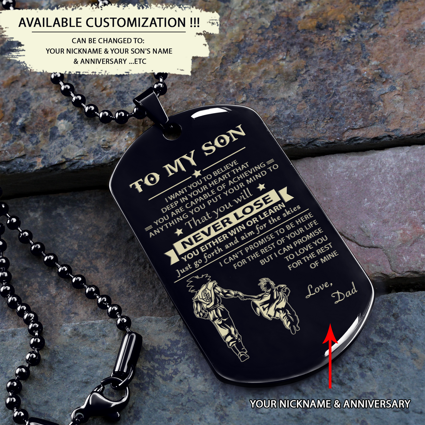 customizable engraved black dog tag dad to son never lose