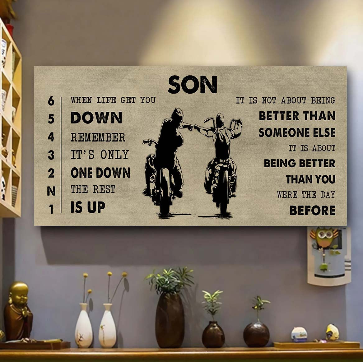 biker canvas to son it is not about being better than someone else - be strong when you are weak