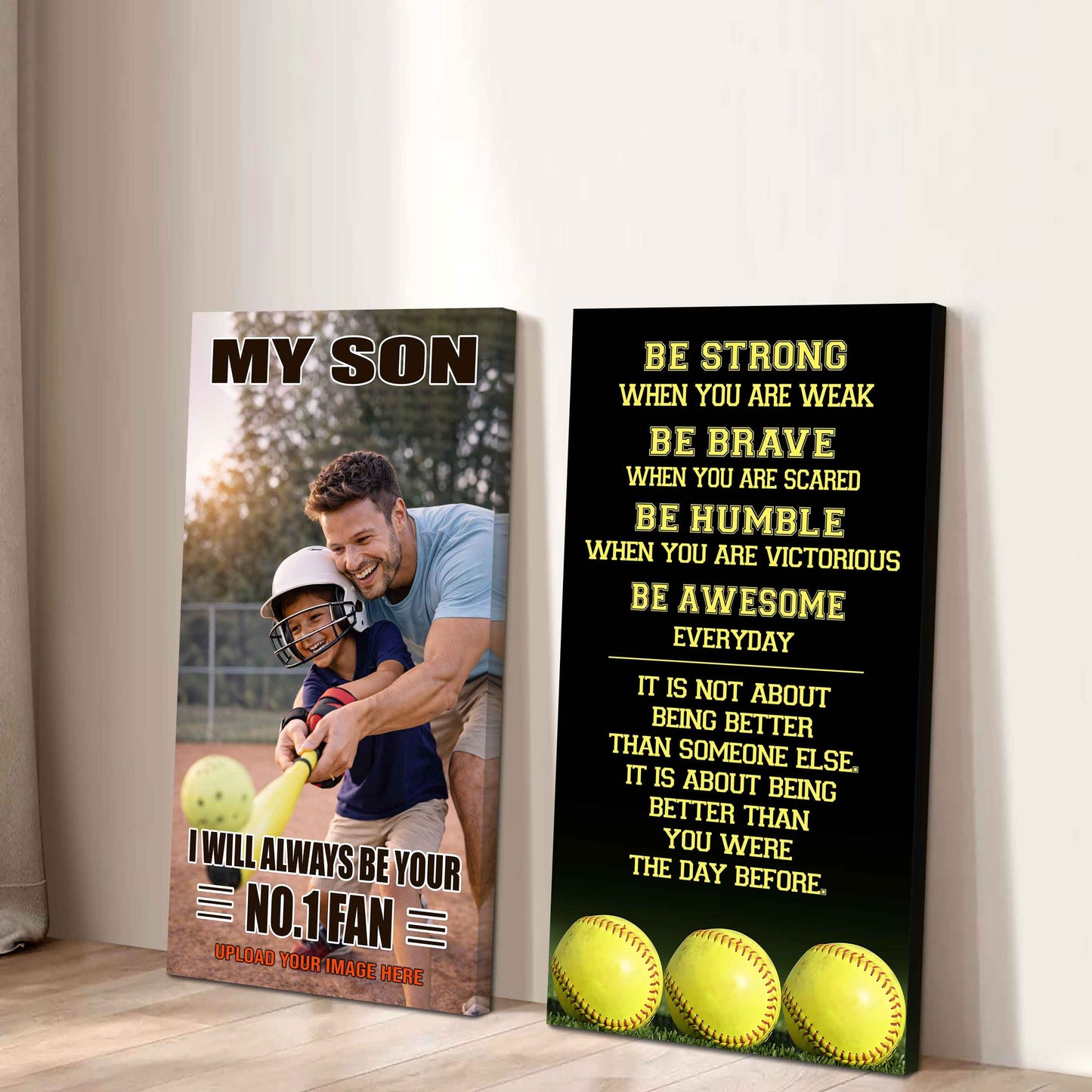 Baseball- My Son Be Strong When You Are Weak Be Awesome Everyday Set 2 Canvas Wall Art From Dad To Son