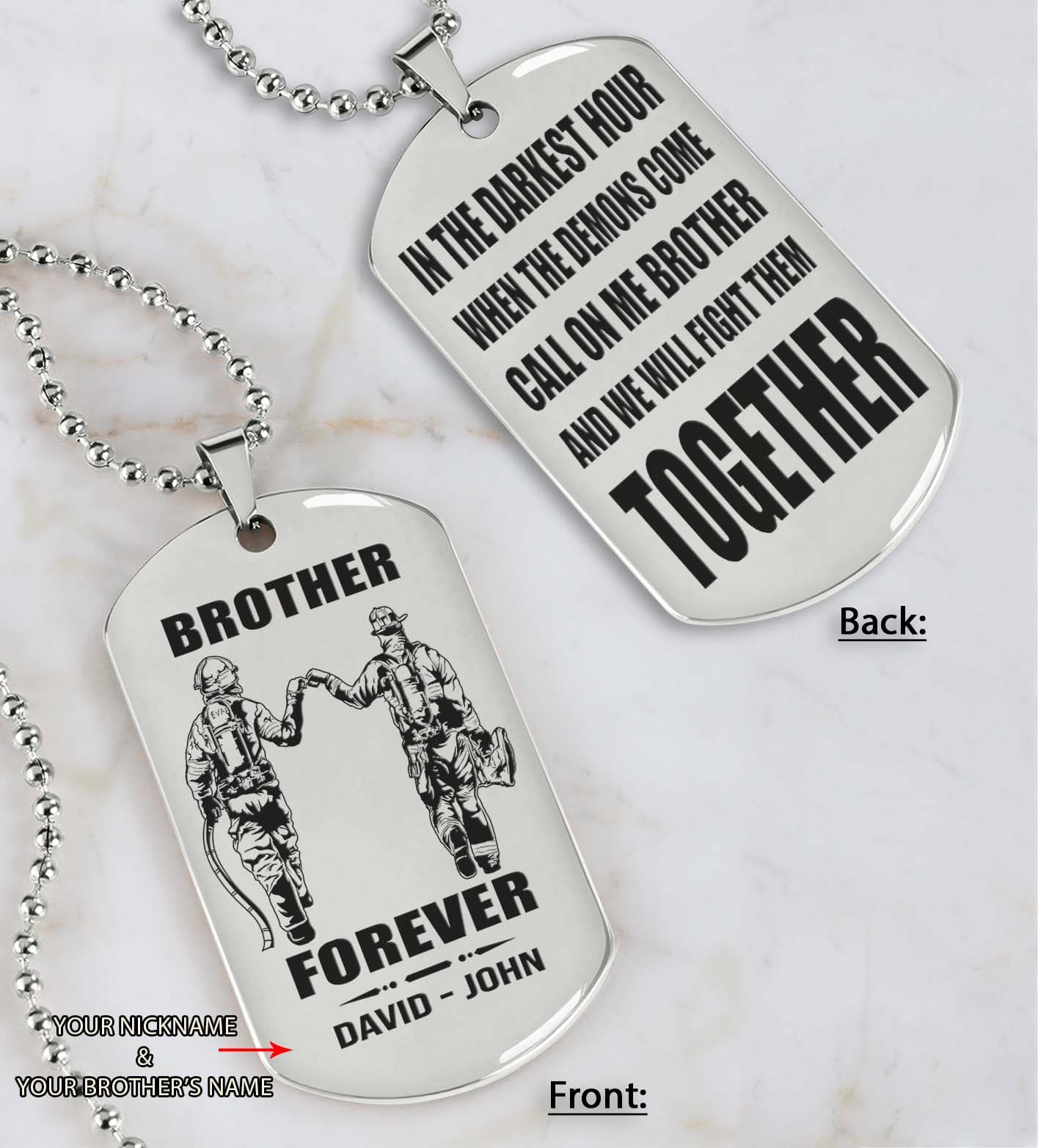 spartan customizable engraved black dog tag double sided gift from brother, brother forever