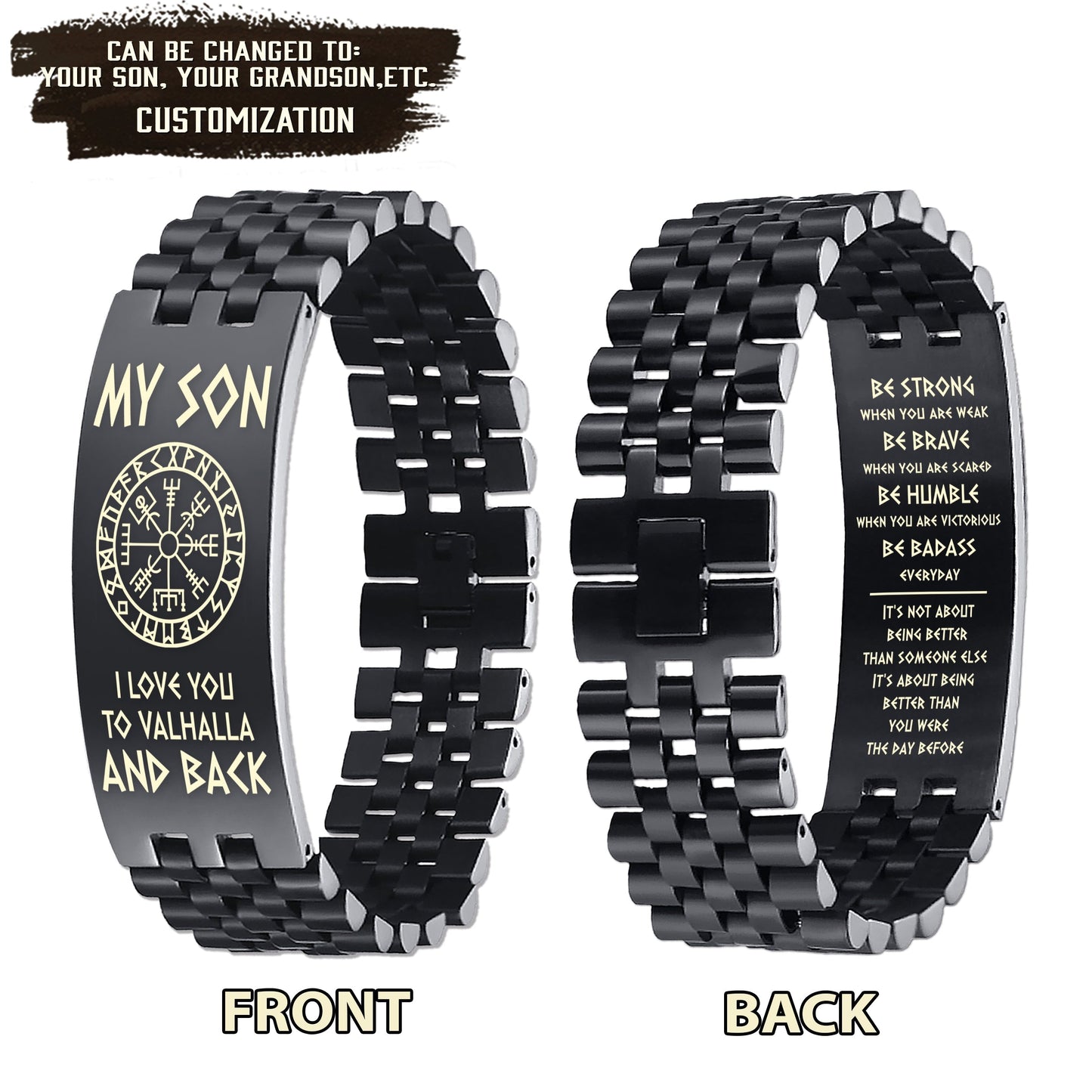 viking engraved double sided dog tag bracelet dad to son, be strong be brave