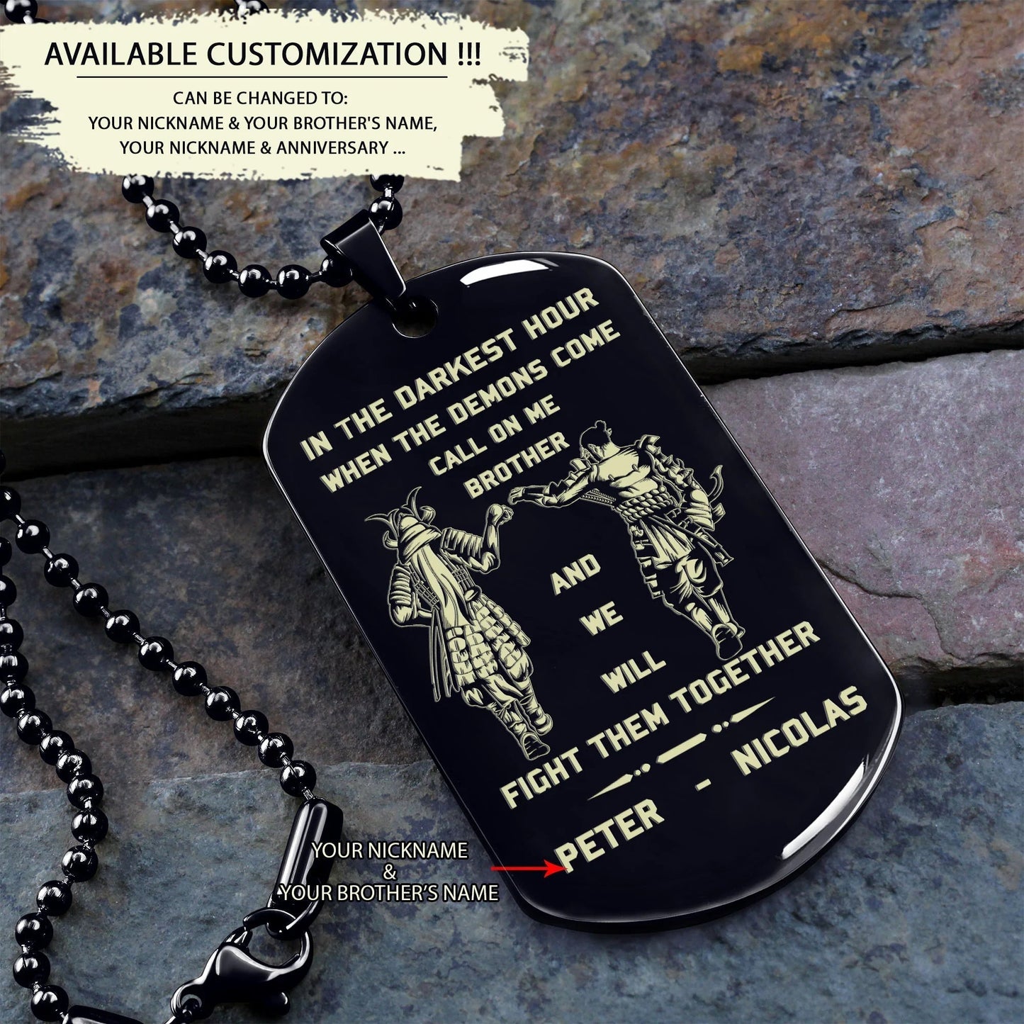 spartan customizable engraved brother dog tag gift from brother, in the darkest hour, when the demons come call on me brother and we will fight them together