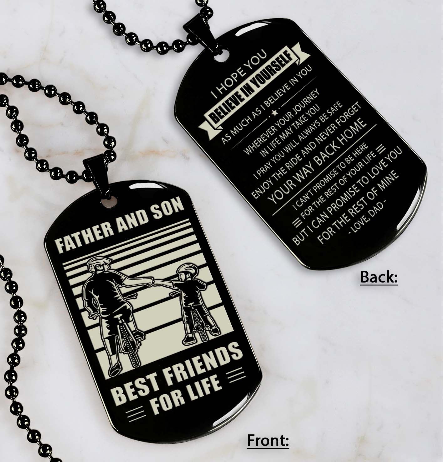 bicycle customizable engraved double sided dog tag gifts from dad mom to son father and son best friend for life