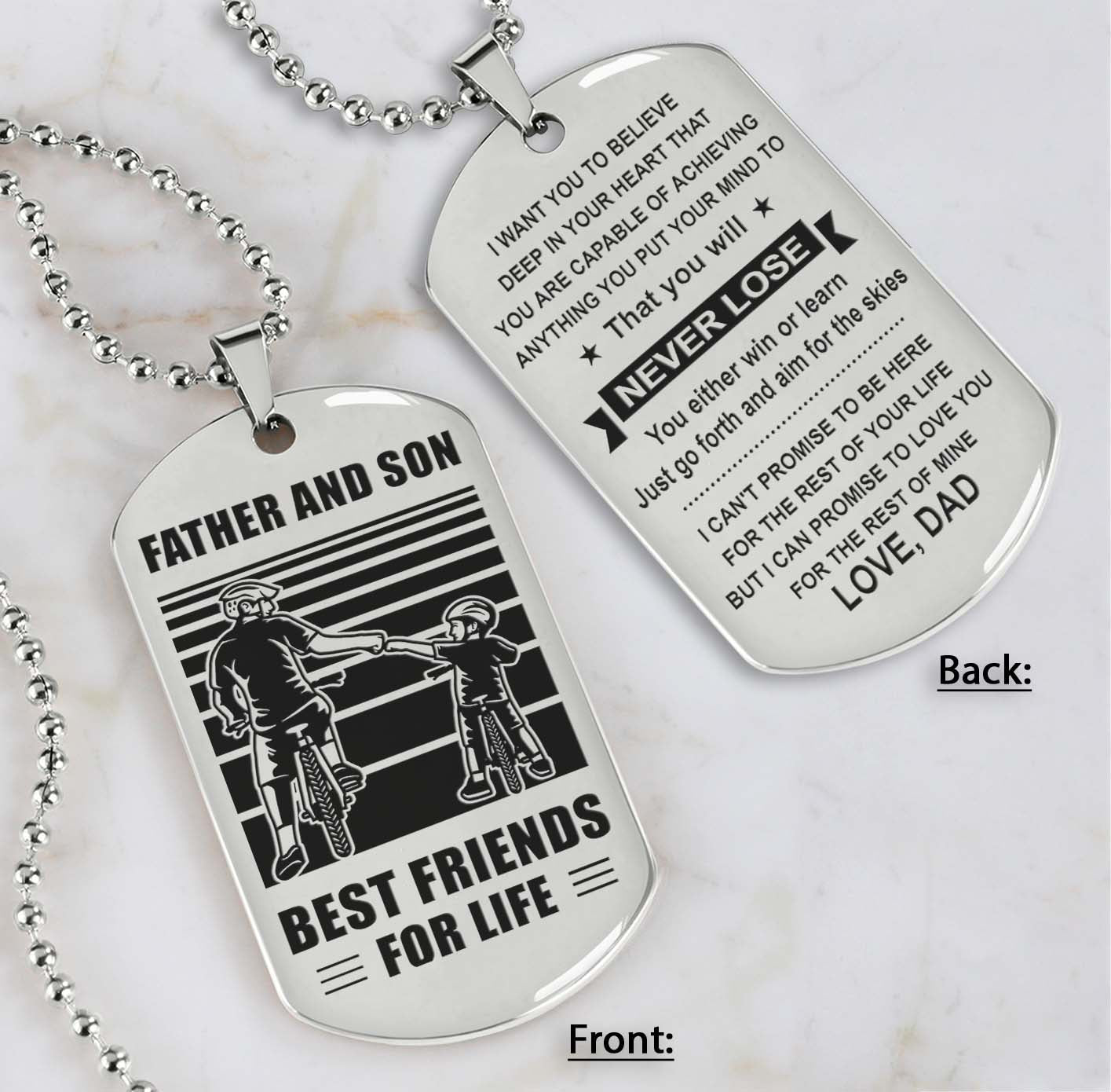 bicycle customizable engraved double sided dog tag gifts from dad mom to son father and son best friend for life