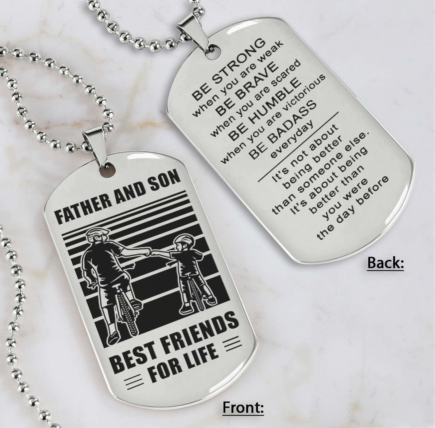 bicycle customizable engraved double sided dog tag gifts from dad mom to son father and son best friend for life