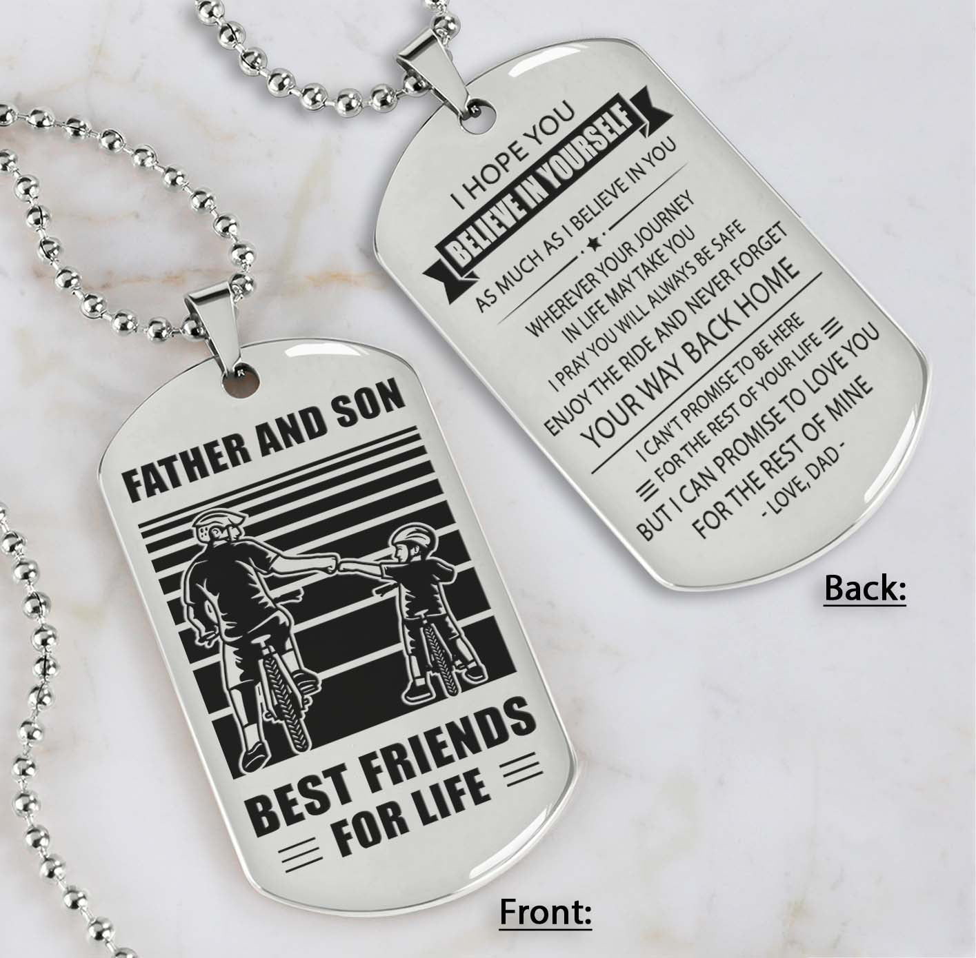 bicycle customizable engraved double sided dog tag gifts from dad mom to son father and son best friend for life