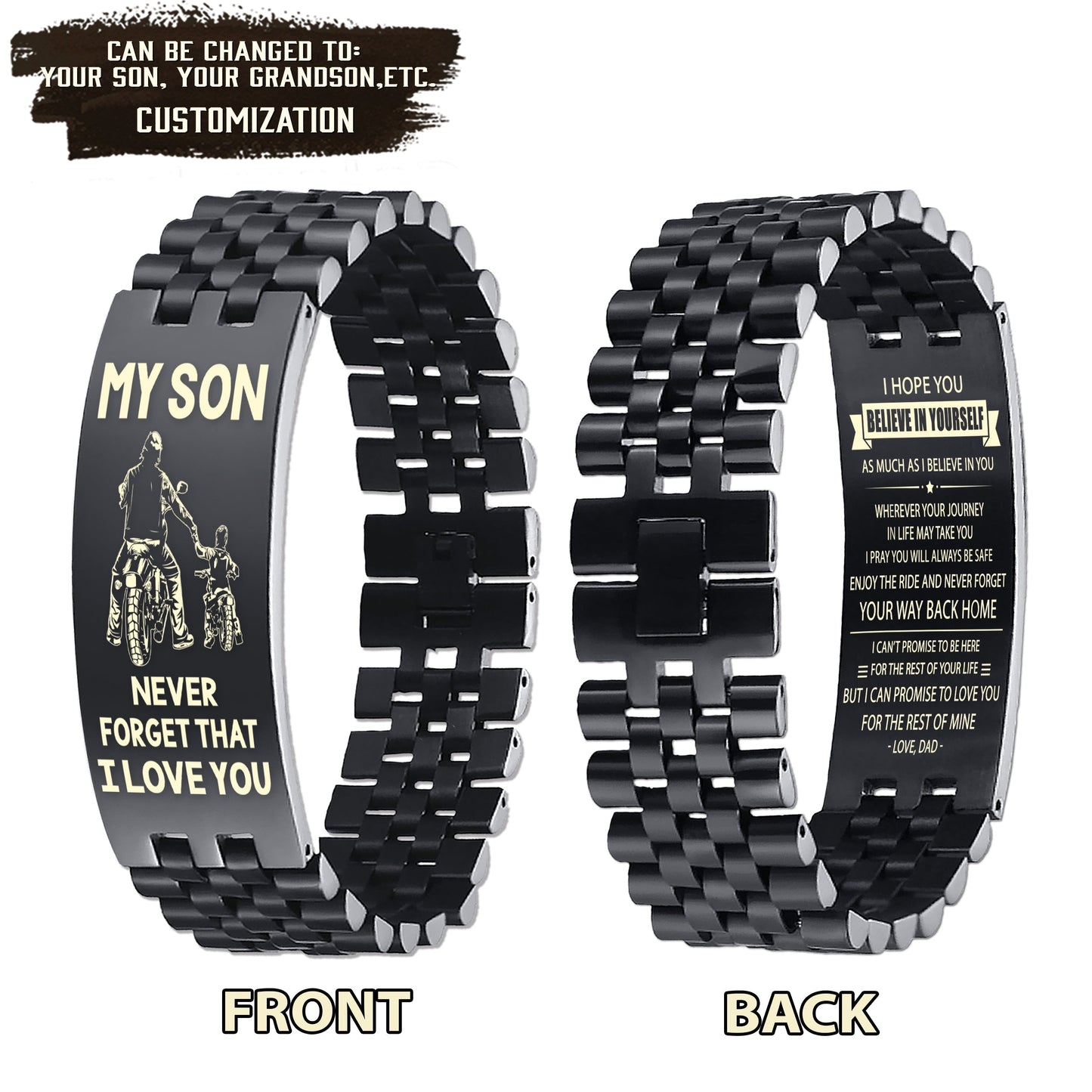 biker engraved double sided dog tag bracelet from dad to son, i hope you believe in yourself