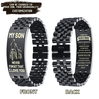 Biker engraved double sided dog tag bracelet from dad to son, I hope you believe in yourself