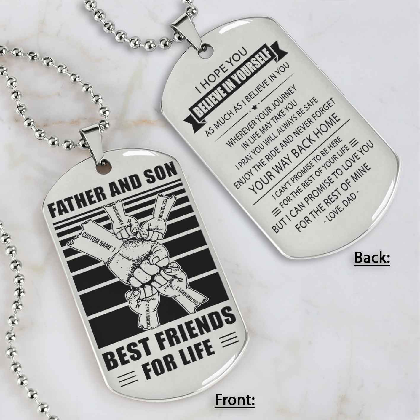 family fist bump team 5 personalized double sided dog tag father  and son best friends for life - message on the back side