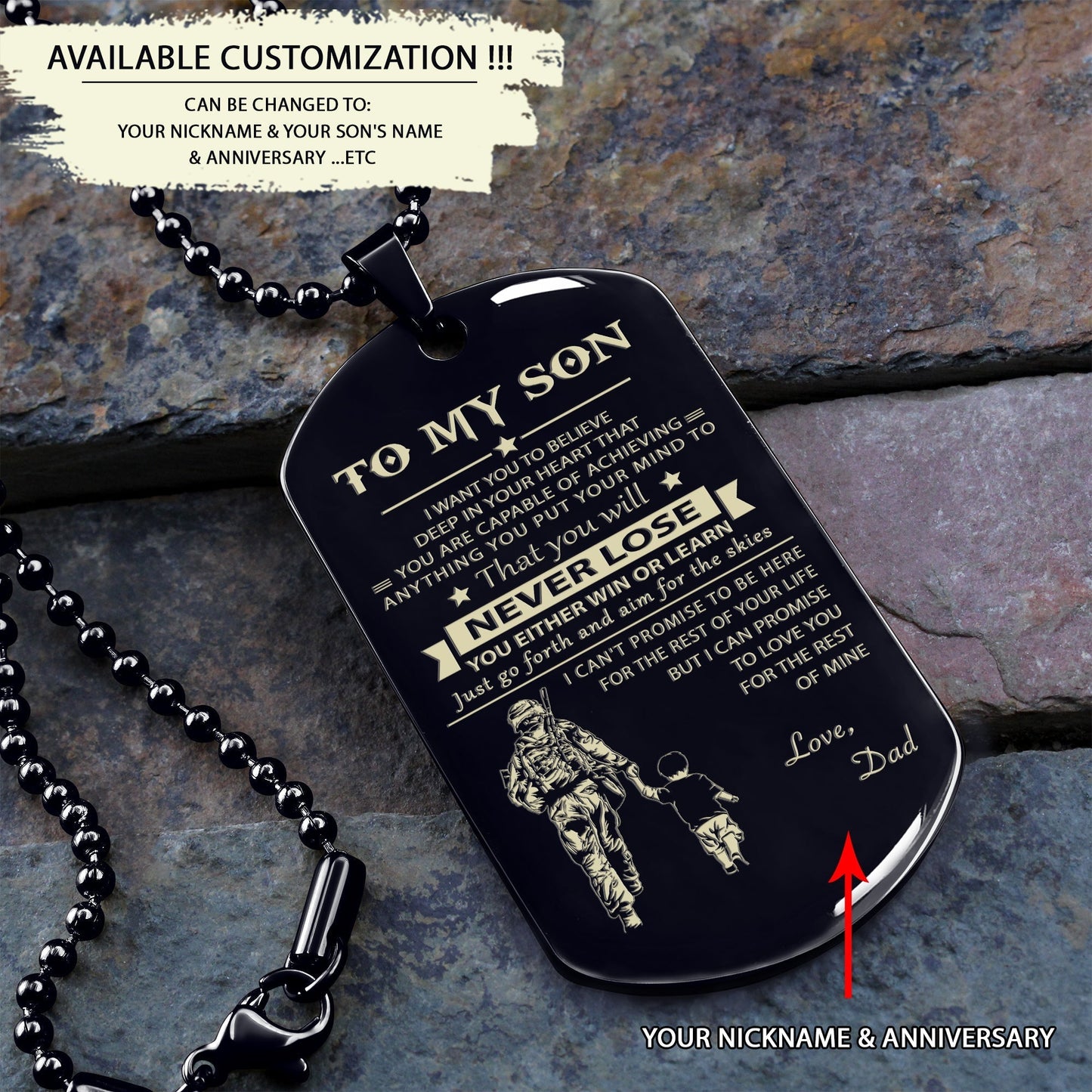 customizable engraved black dog tag dad to son never lose