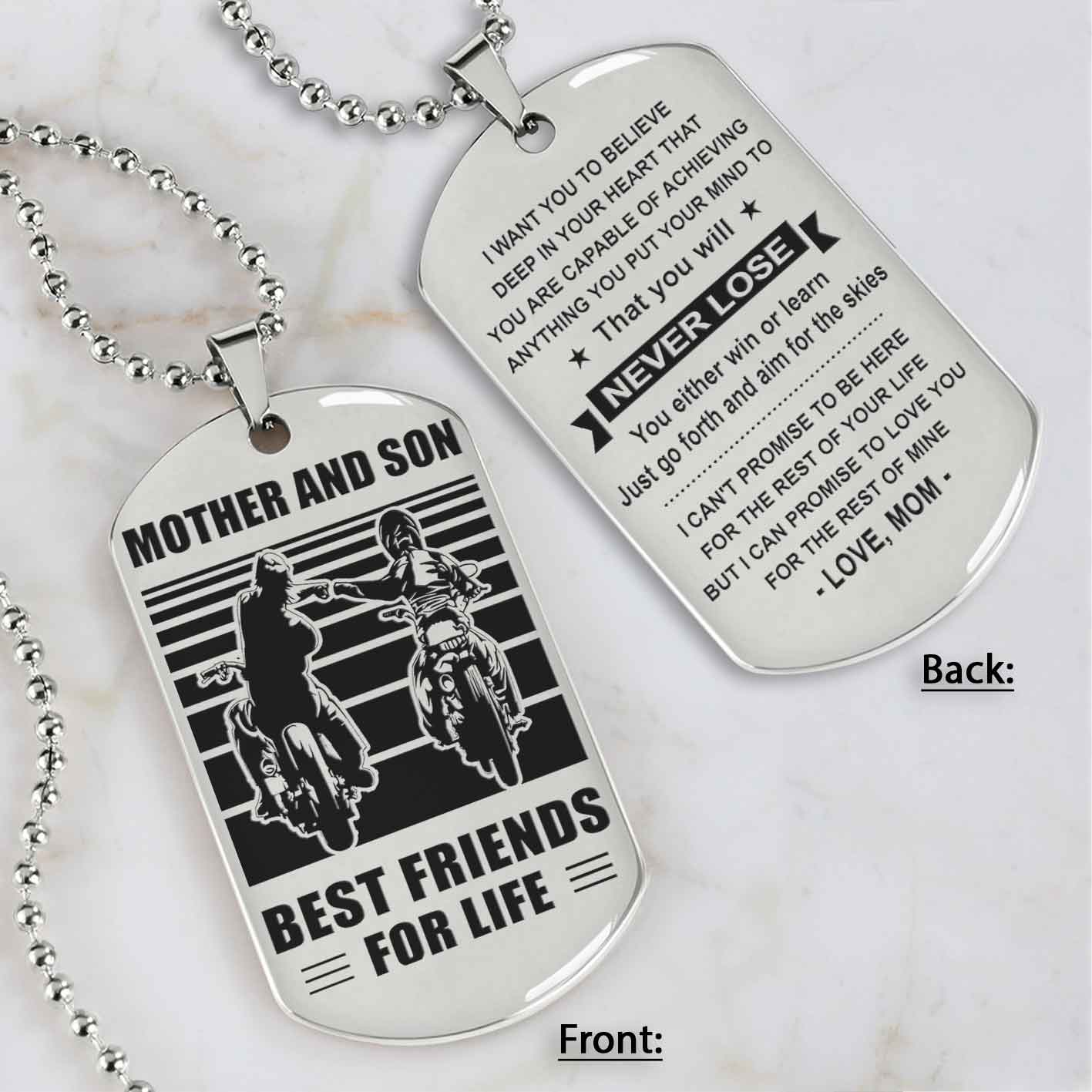 Biker Personalized Double Sided Dog Tag Mother And Son Best Friends For Life - Message on the back side