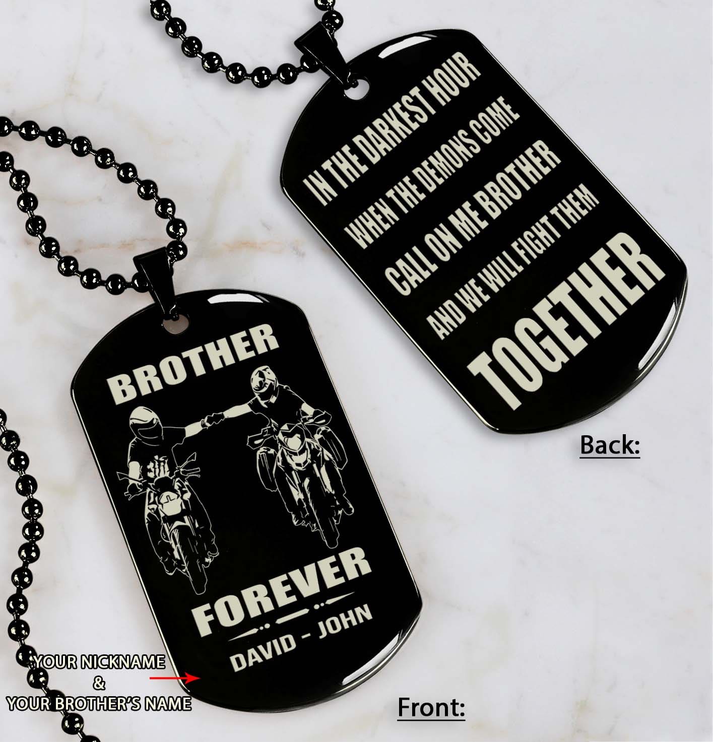 biker customizable engraved black dog tag double sided gift from brother, brother forever