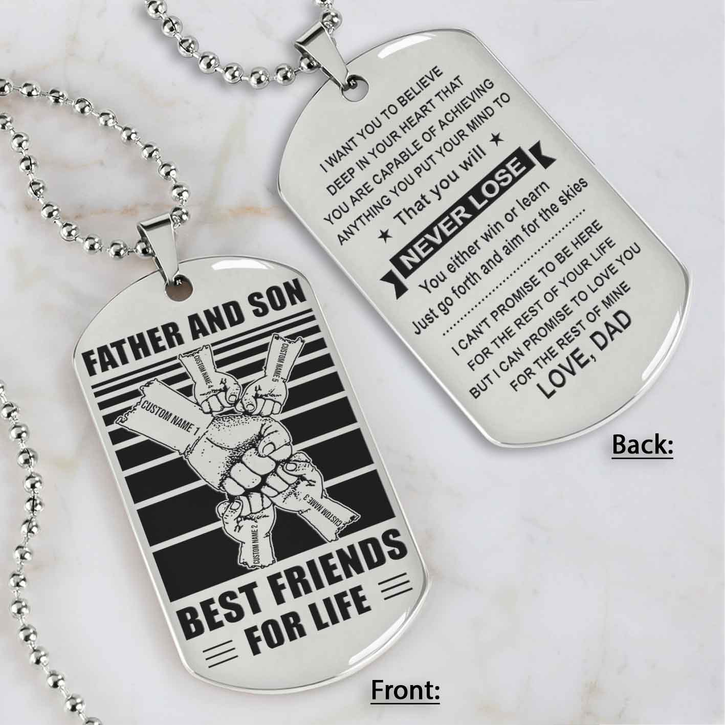 family fist bump team 5 personalized double sided dog tag father  and son best friends for life - message on the back side