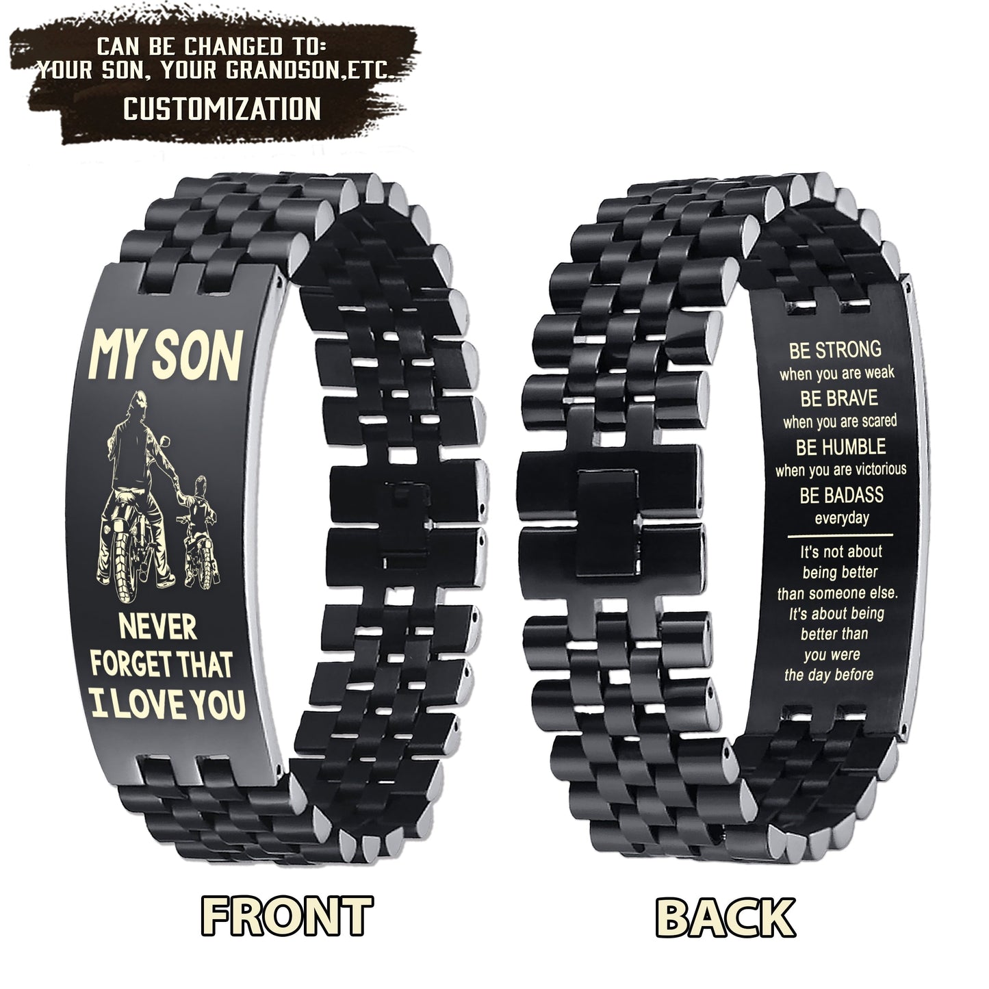 biker engraved double sided dog tag bracelet gifts from dad to son,it is not about better than someone else, it is about being better than you were the day before, be strong be brave be humble