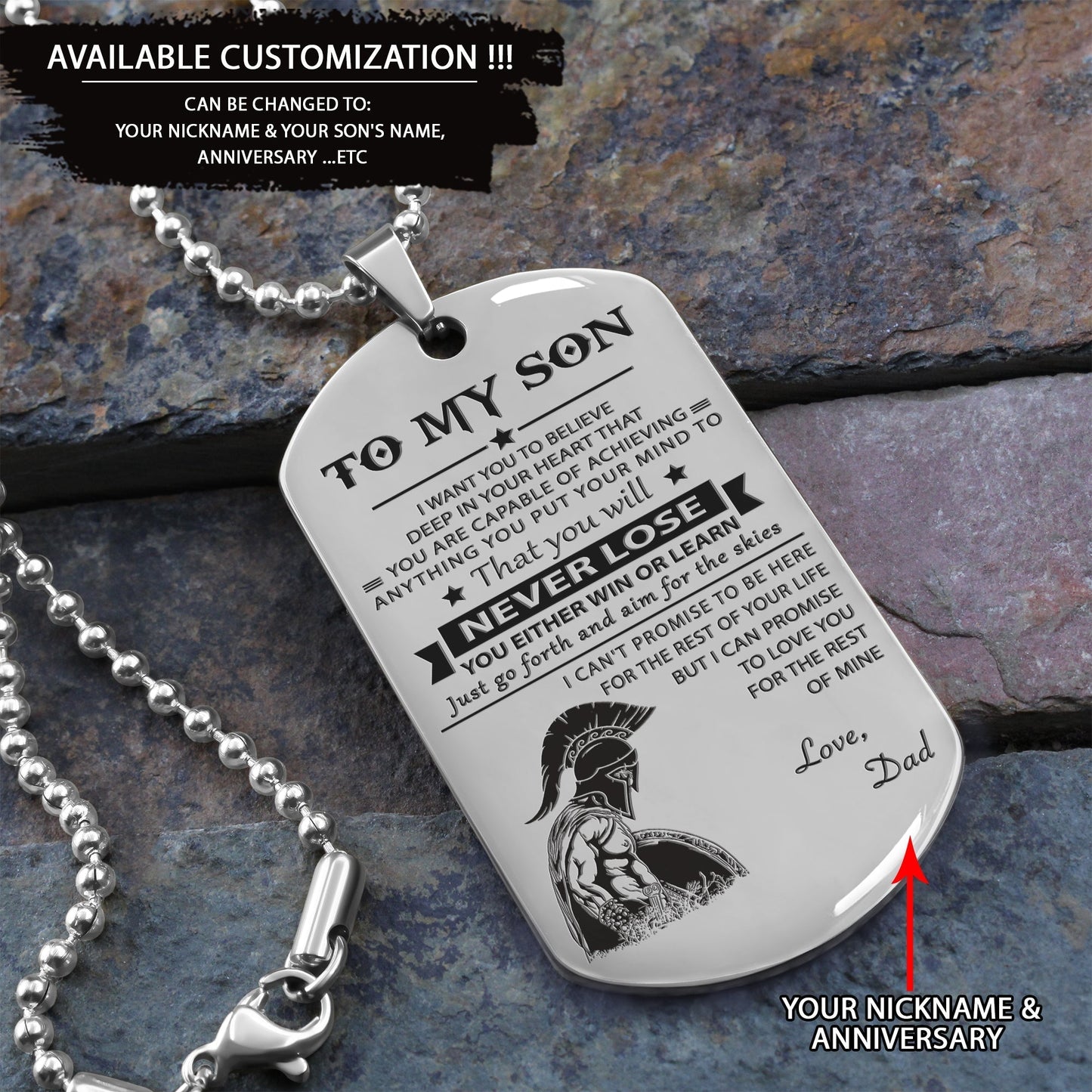 customizable engraved black dog tag dad to son never lose