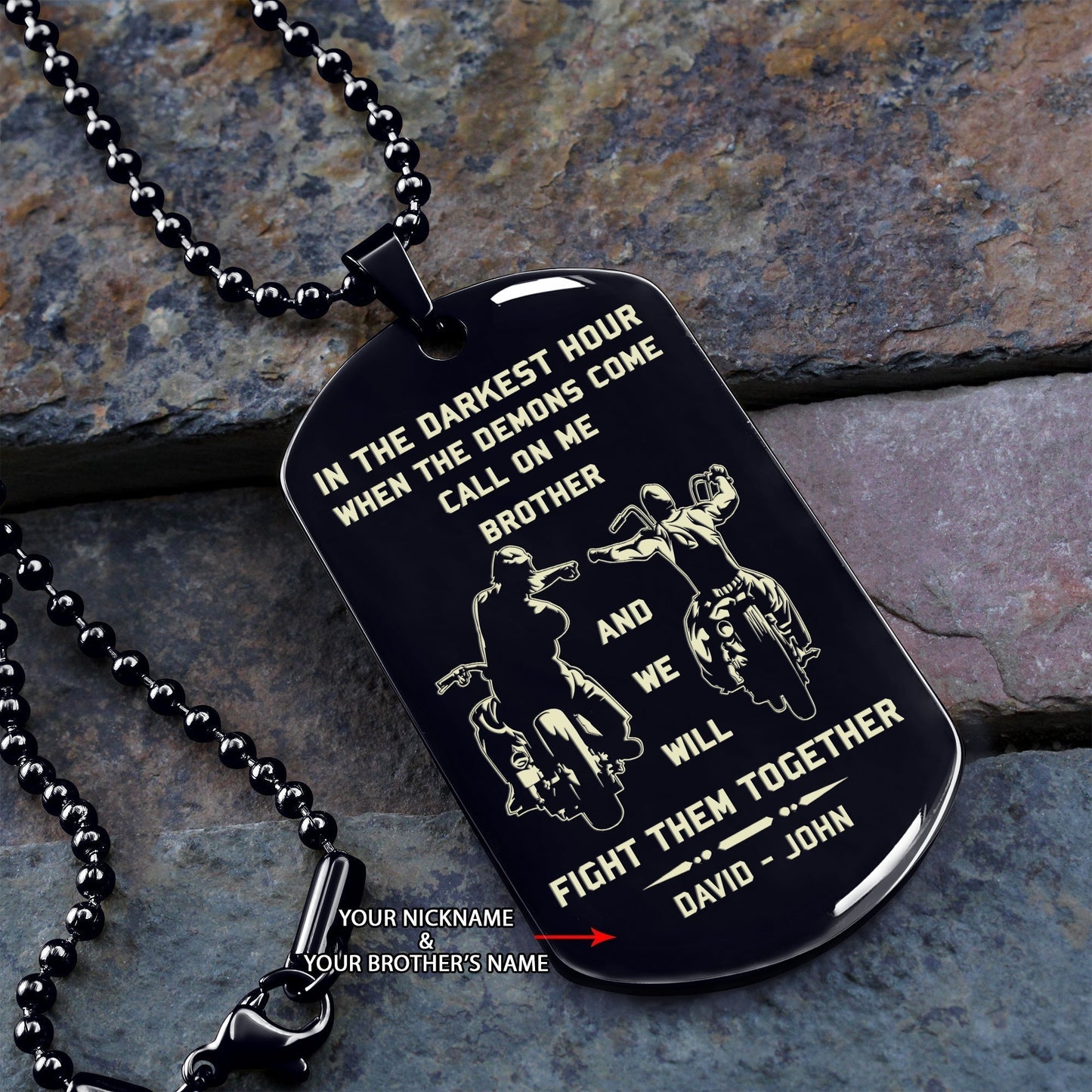 spartan customizable engraved brother dog tag gift from brother, in the darkest hour, when the demons come call on me brother and we will fight them together