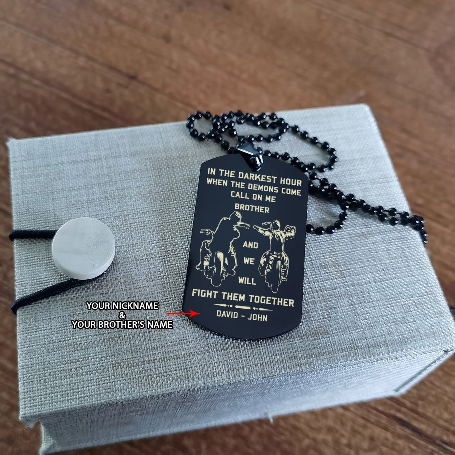 spartan customizable engraved brother dog tag gift from brother, in the darkest hour, when the demons come call on me brother and we will fight them together