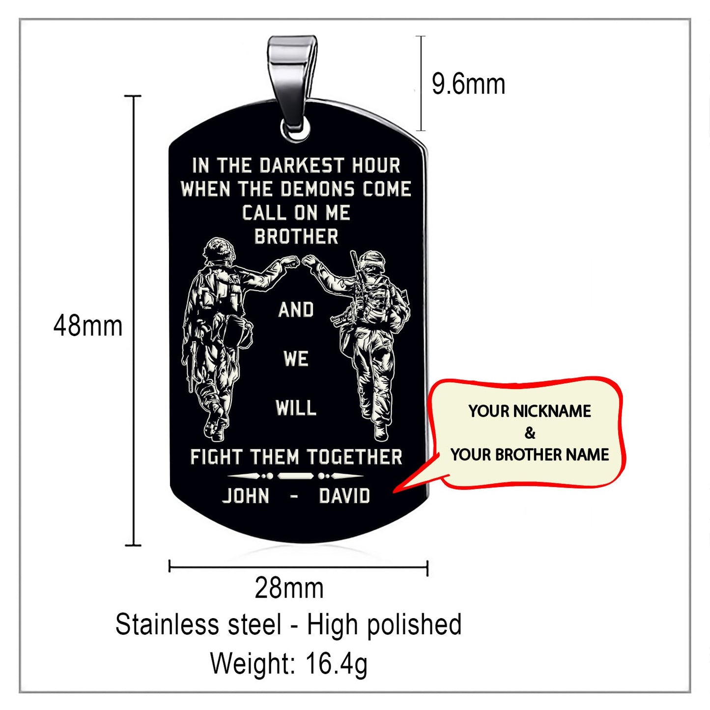 samurai customizable engraved brother dog tag gift from brother, in the darkest hour, when the demons come call on me brother and we will fight them together