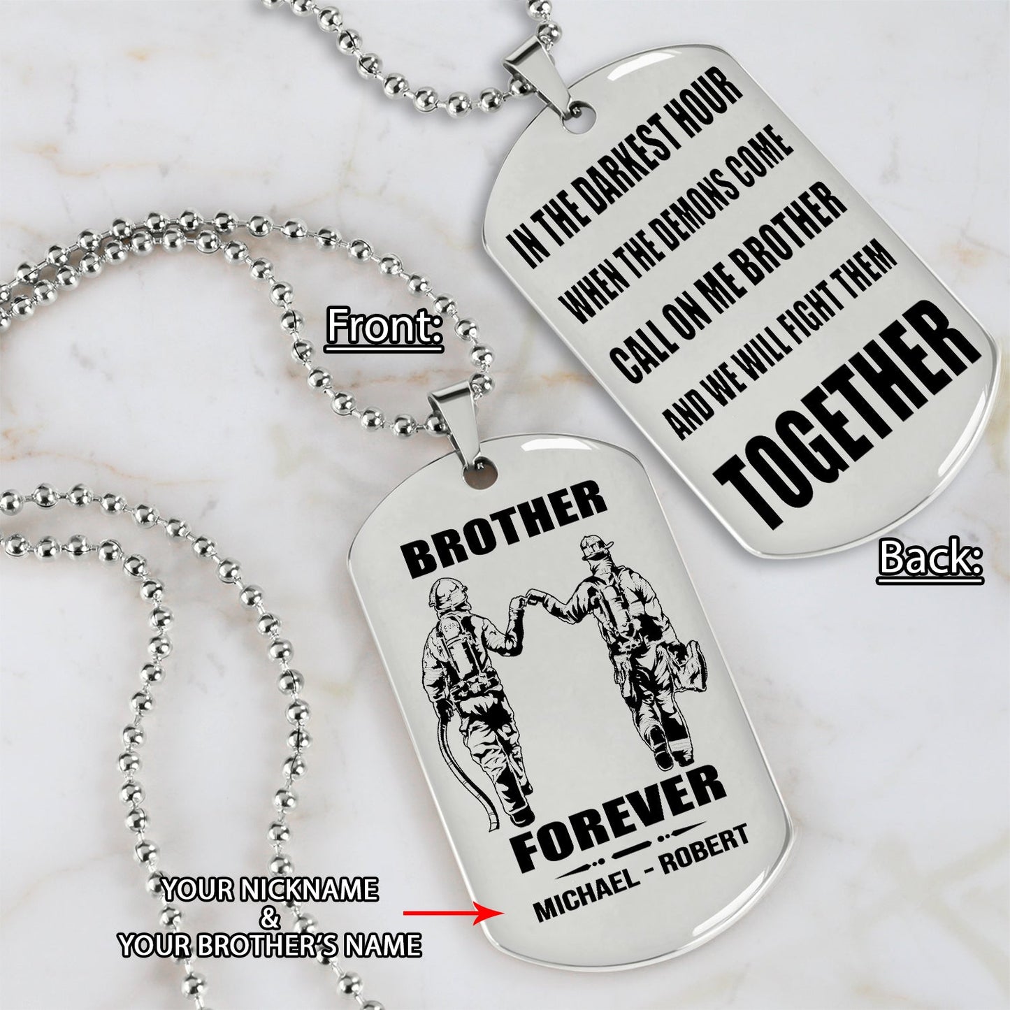 firefighter call on me brother engraved dog tag double sided. gift for brothers