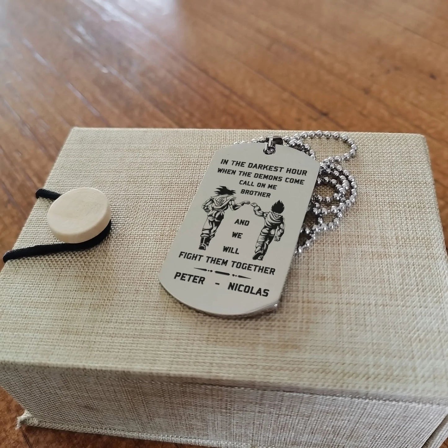 biker customizable engraved brother dog tag gift from brother, in the darkest hour, when the demons come call on me brother and we will fight them together