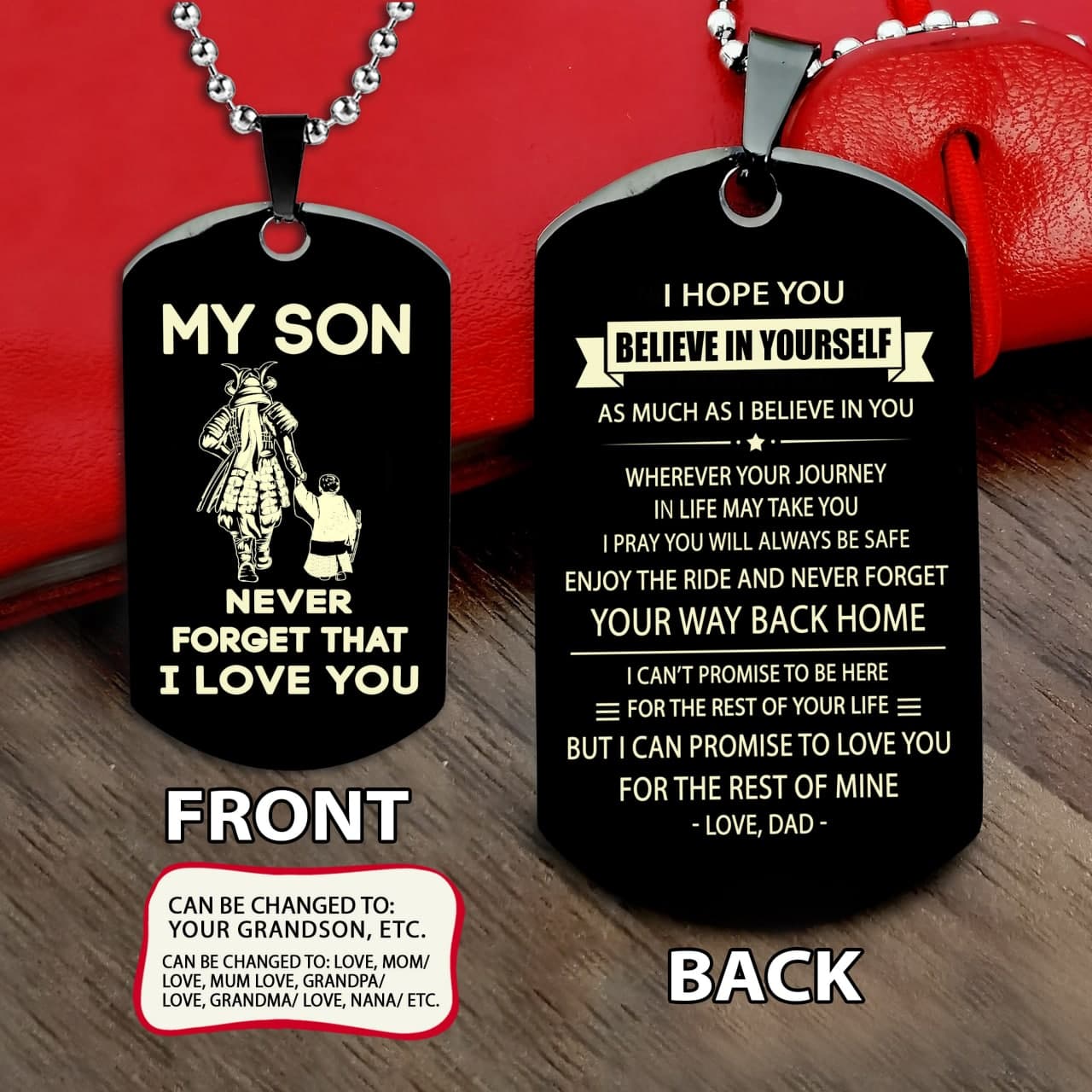 samurai engraved dog tag dad mom to son, be strong be brave be humble, it is not about better than someone else, it is about being better than you were the day before