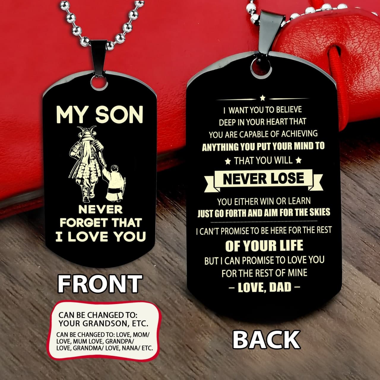 samurai engraved dog tag dad mom to son, be strong be brave be humble, it is not about better than someone else, it is about being better than you were the day before